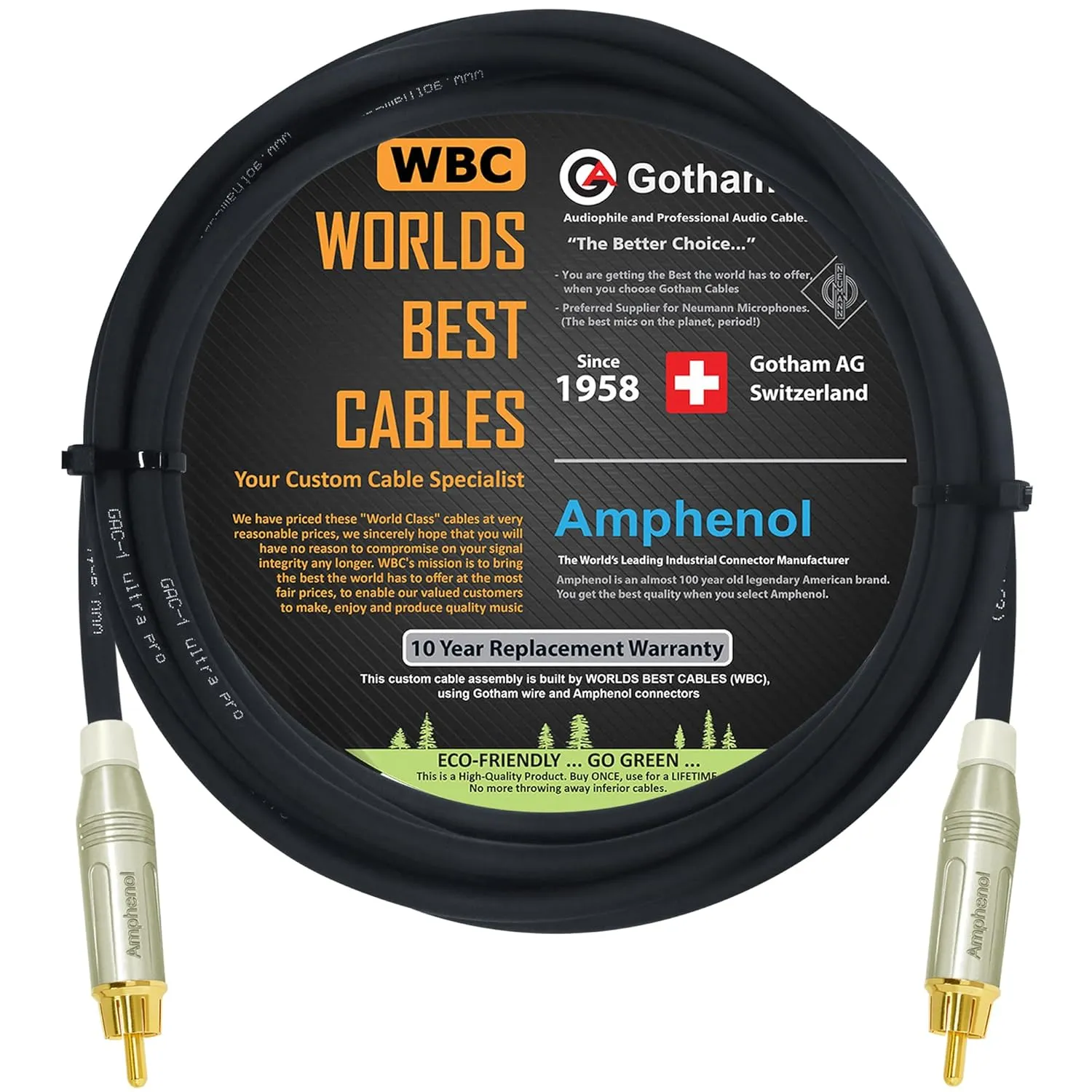 10 Foot - Gotham GAC-1 Ultra Pro - Low-Cap (21pF/ft) Center-Channel Subwoofer Cable with Amphenol ACPR-SWH Die-Cast, Gold Plated RCA Connectors