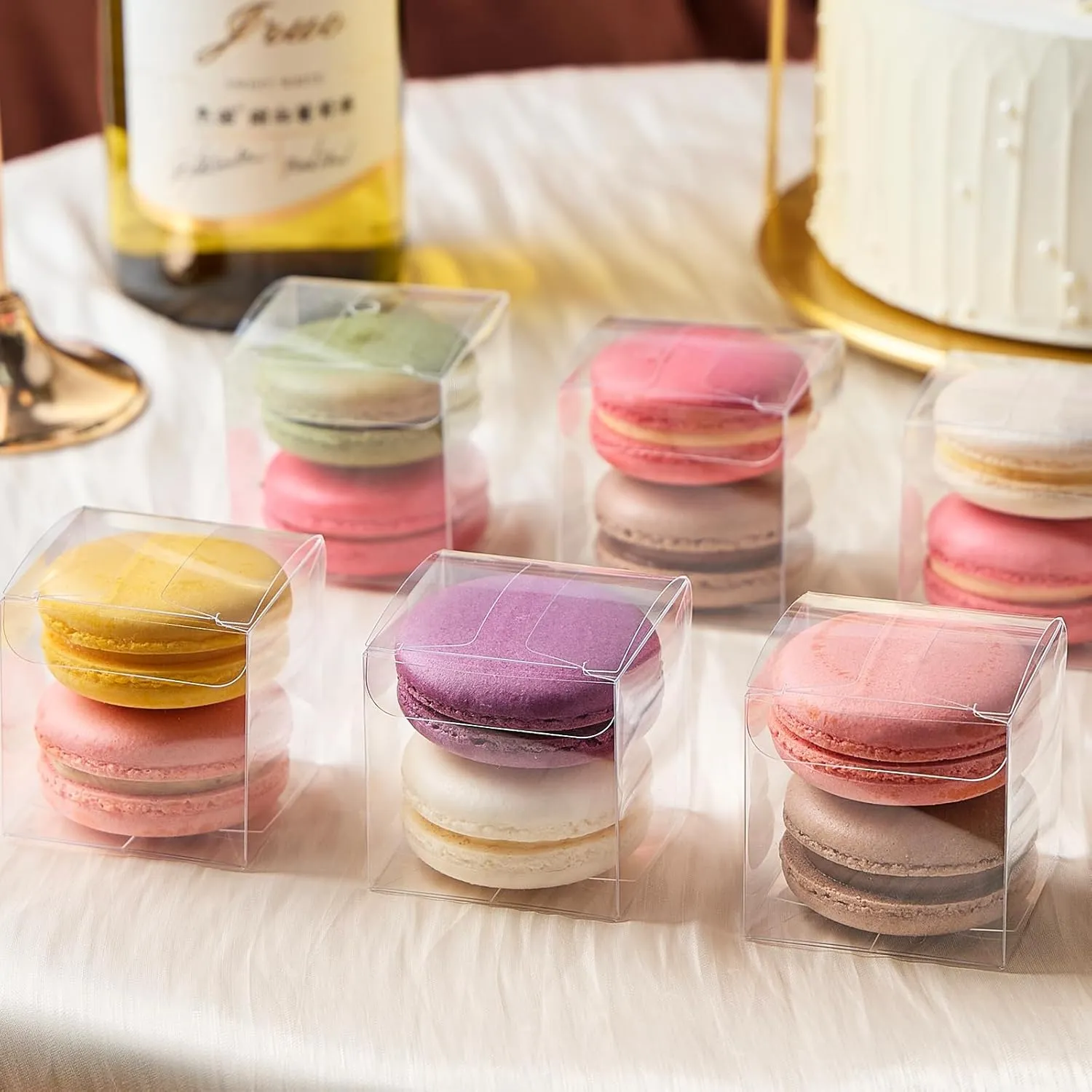 100 Pack 2x2x2 Inches Clear Favor Boxes with Ribbons, Mini Transparent Cube Treat Boxes for Candy & Chocolate Bomb, Plastic Individual Macaron Packaging Box for 2