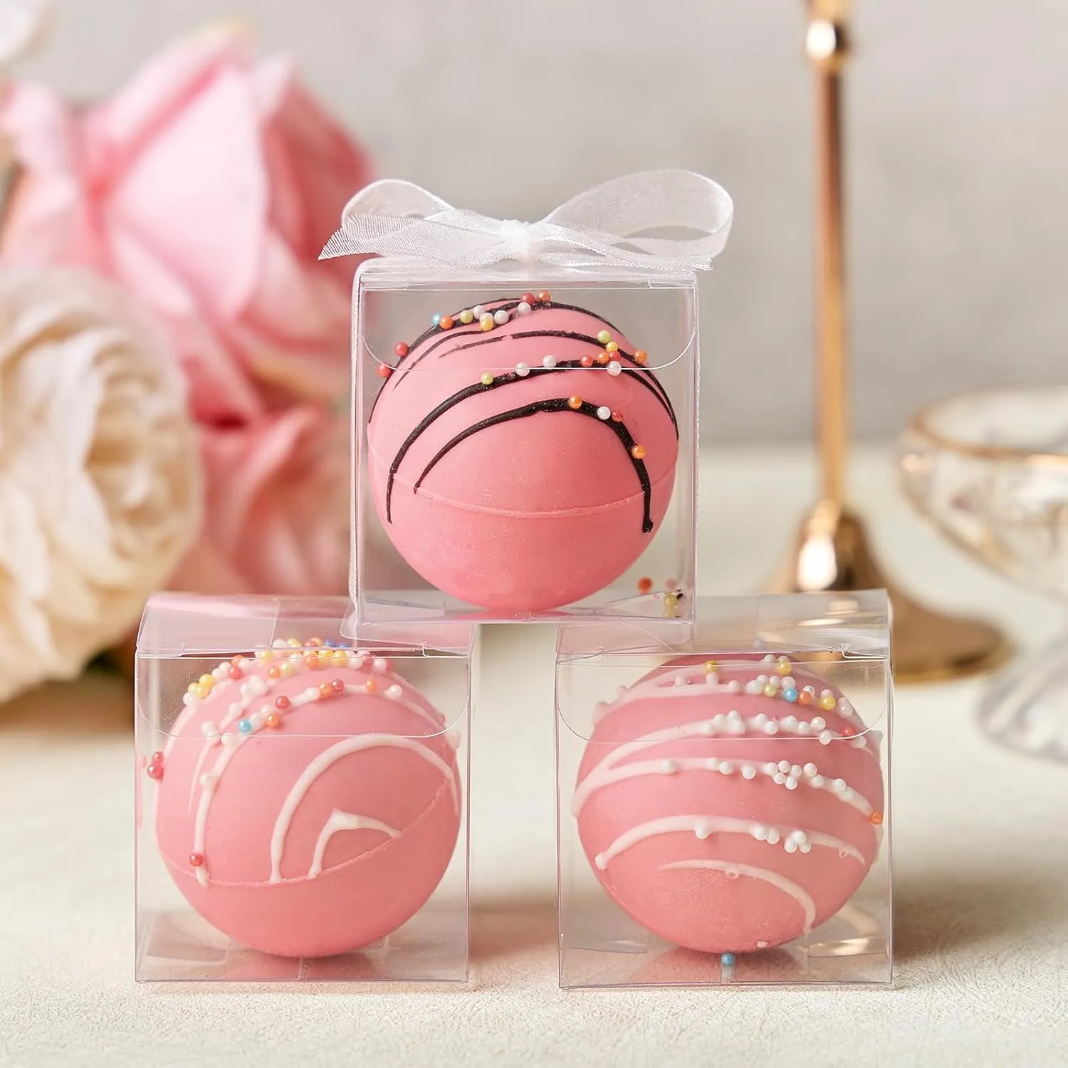 100 Pack 2x2x2 Inches Clear Favor Boxes with Ribbons, Mini Transparent Cube Treat Boxes for Candy & Chocolate Bomb, Plastic Individual Macaron Packaging Box for 2