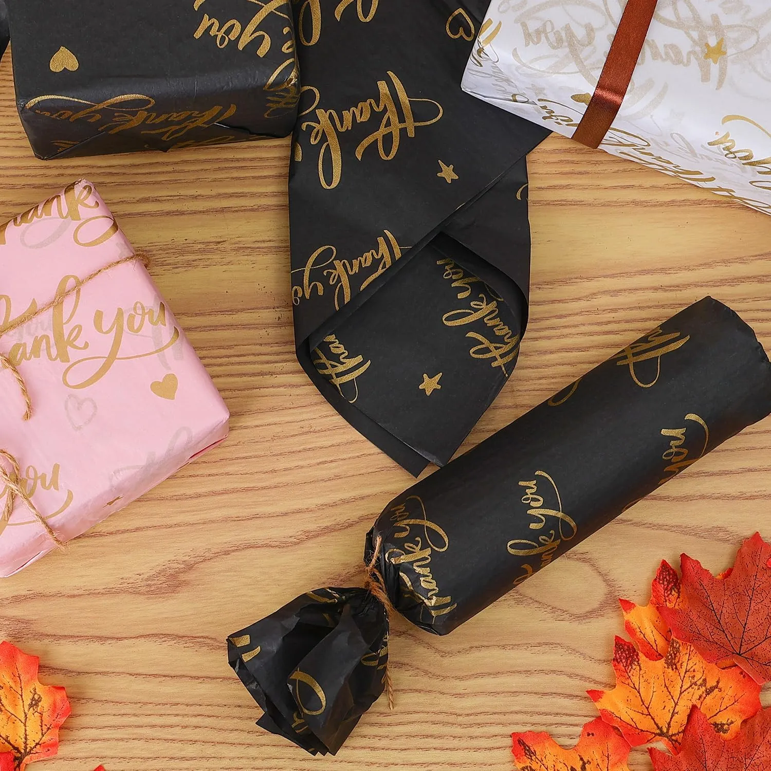 100 Sheet Thankyou Gift Wrapping Tissue Paper 14”x20” Recyclable Black with Metallic Gold Packaging Bag for Wedding Birthday Showers Art Craft Party Favor Decoration