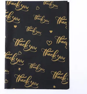 100 Sheet Thankyou Gift Wrapping Tissue Paper 14”x20” Recyclable Black with Metallic Gold Packaging Bag for Wedding Birthday Showers Art Craft Party Favor Decoration
