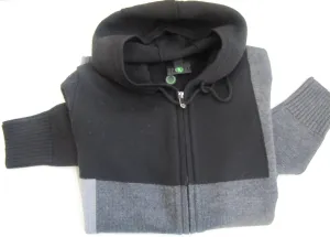 100% Virgin Wool Full Zipper Hoodie Knit Sweater Mens Small Black/grey