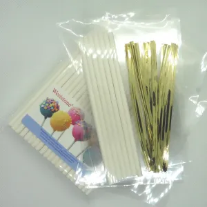 100pcs 6" Lollipop Stick, 100 pcs Poly Bag,  100pcs Light Gold Twist Tie for cake pops in parties