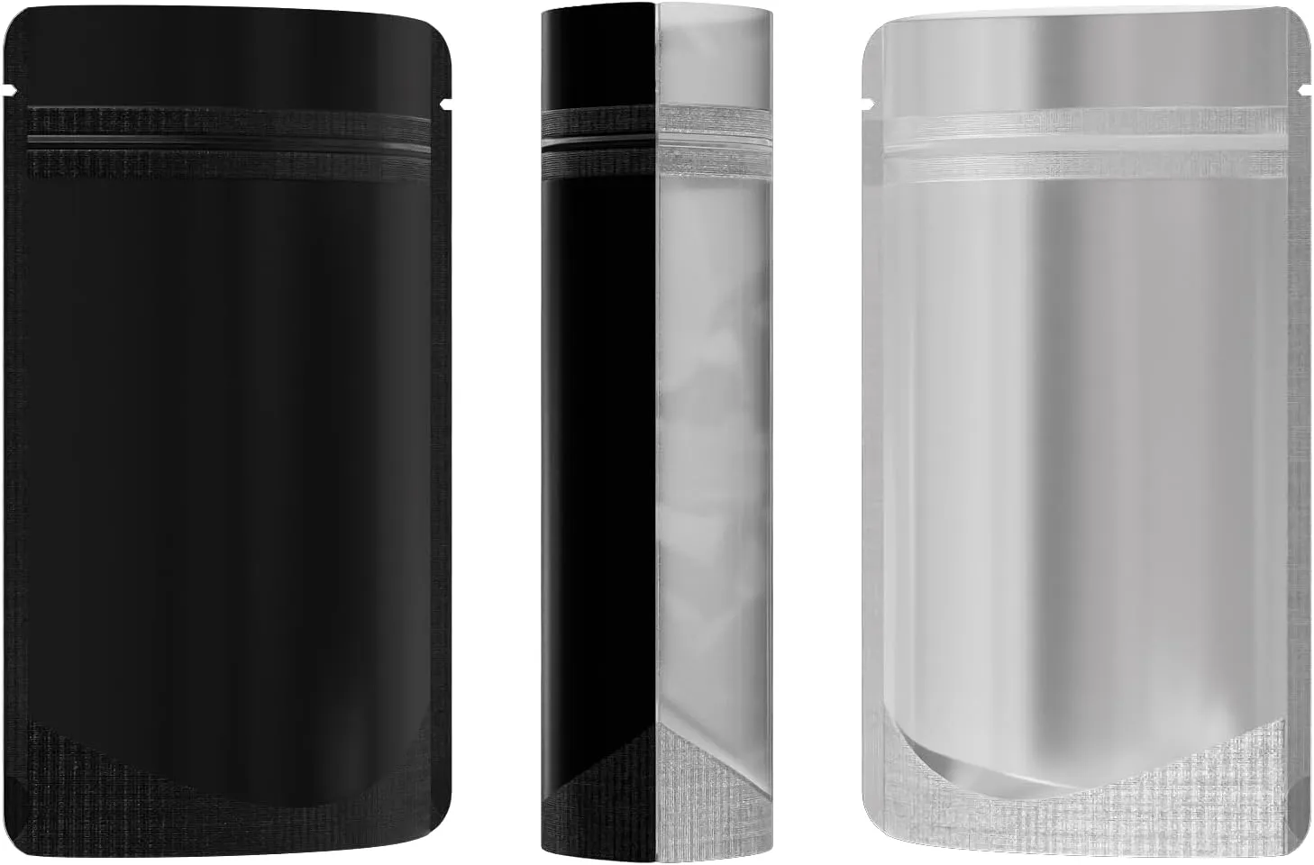 100pcs Frosted Clear Window Stand Up Colored Metallic Foil Resealable Zipper Seal Bags (Black, Standup | 2oz)