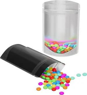 100pcs Frosted Clear Window Stand Up Colored Metallic Foil Resealable Zipper Seal Bags (Black, Standup | 2oz)