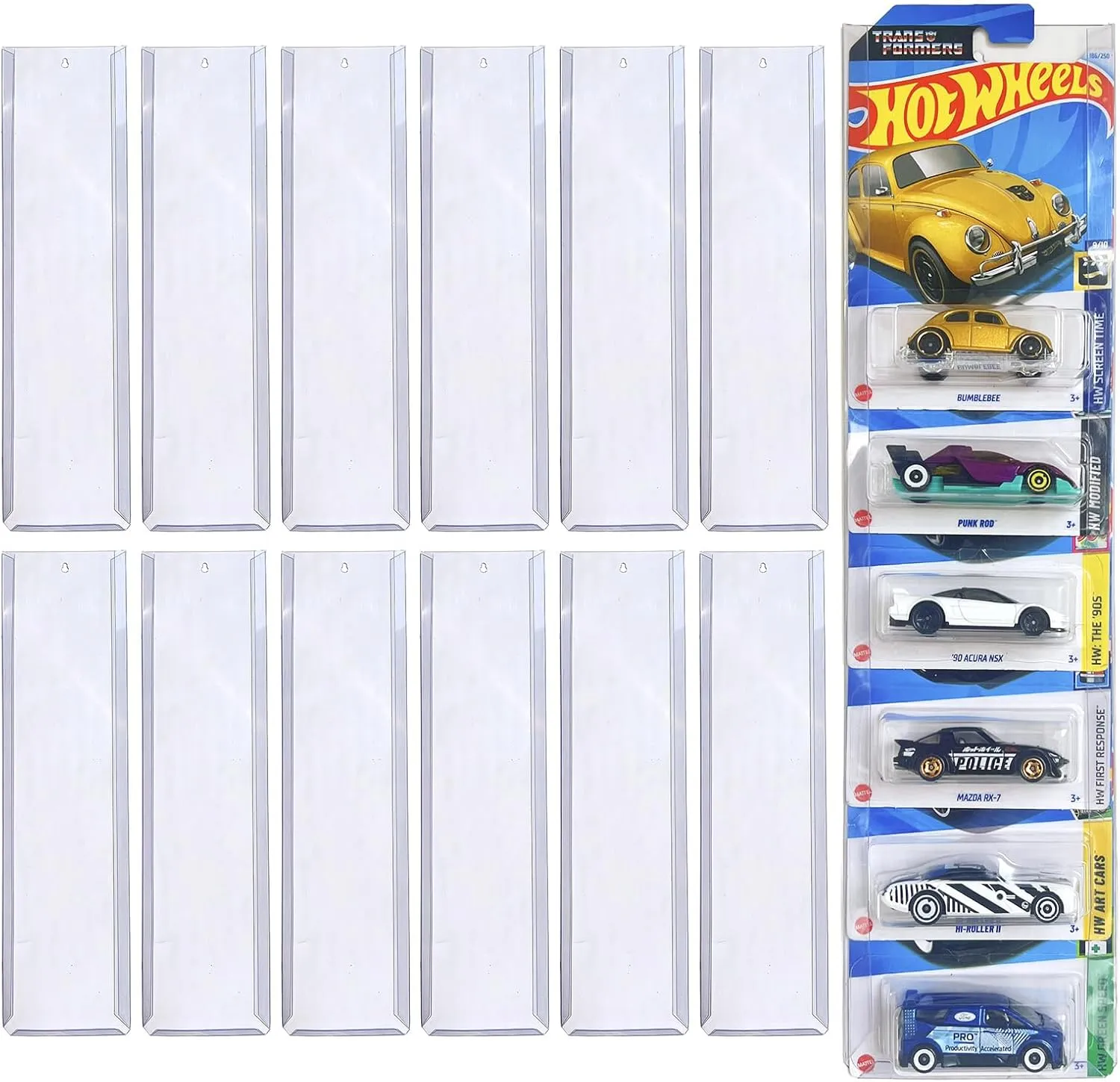 12 Pack Model Car Storage Display Case – Wall-Mounted Clear Organizer (4.4" W x 16.7" H) Compatible with Hot Packaged Wheels Diecast Blister Holds 108 Standard Packaged Diecast Cars