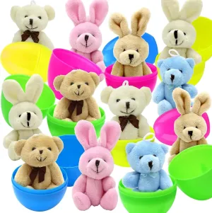 12 Pack Prefilled Easter Eggs Filled with Plush Bunnies and Bears Perfect for Easter Basket Stuffers, Prefilled Plush Animal Easter Eggs Toys for Easter Party