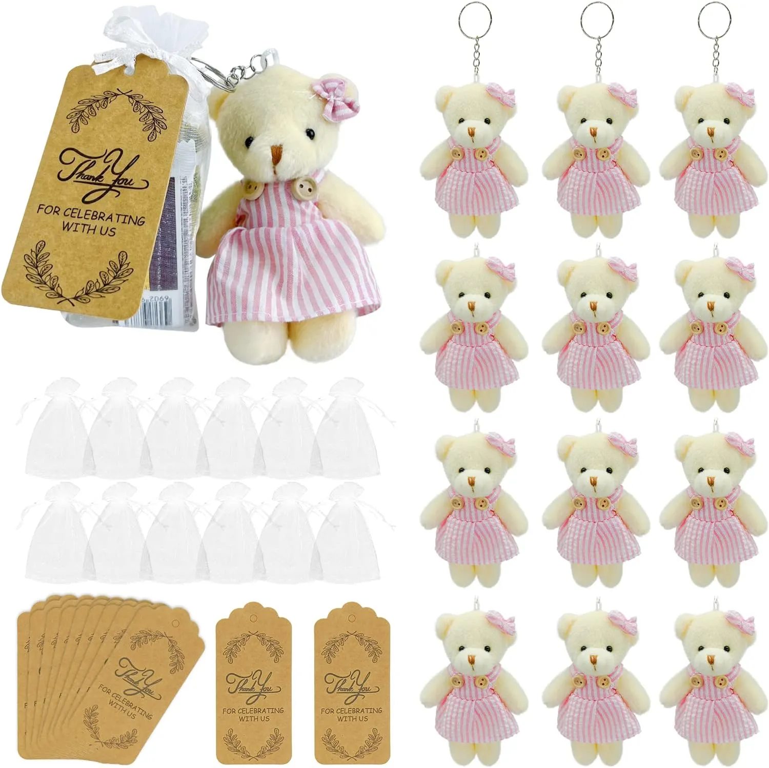 12 set Cute Mini Pink Teddy Bears with Clothes, 4.7 Inch Stuffed Mini Couple Jointed Bear Bulk for Babyshower DIY Keychain Valentines Birthday Party Favor Wedding Xmas Decor