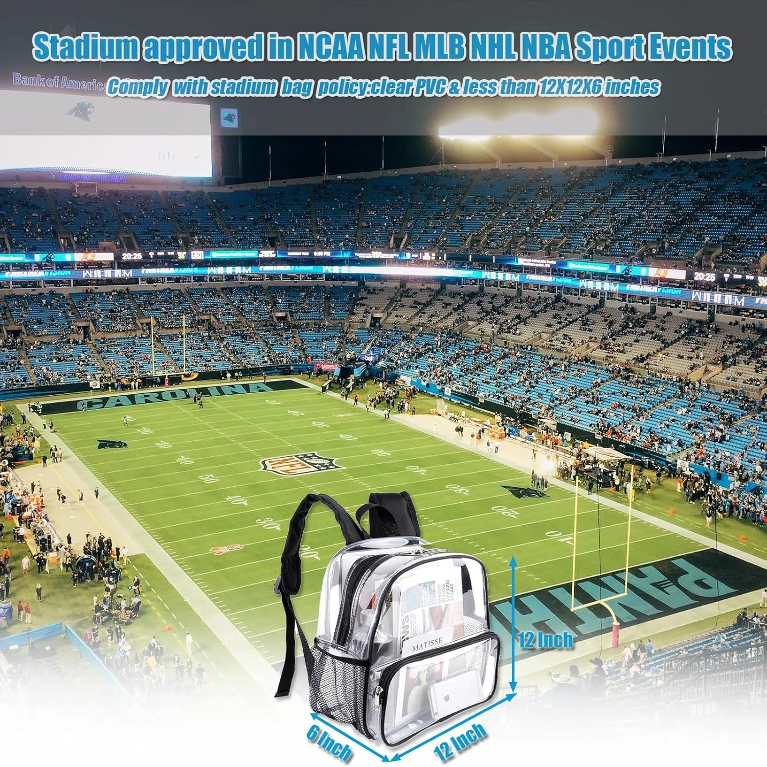 12x6x12 Clear Backpack Stadium Approved with Reinforced Straps,Mini Small Clear Bag for Stadium Events,Festival,Concerts,Sporting Events -Black