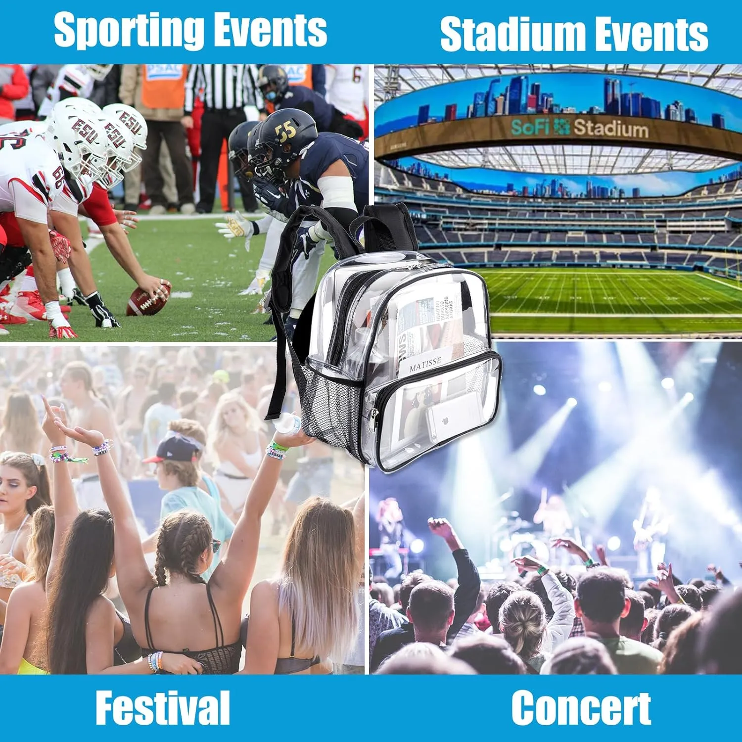 12x6x12 Clear Backpack Stadium Approved with Reinforced Straps,Mini Small Clear Bag for Stadium Events,Festival,Concerts,Sporting Events -Black
