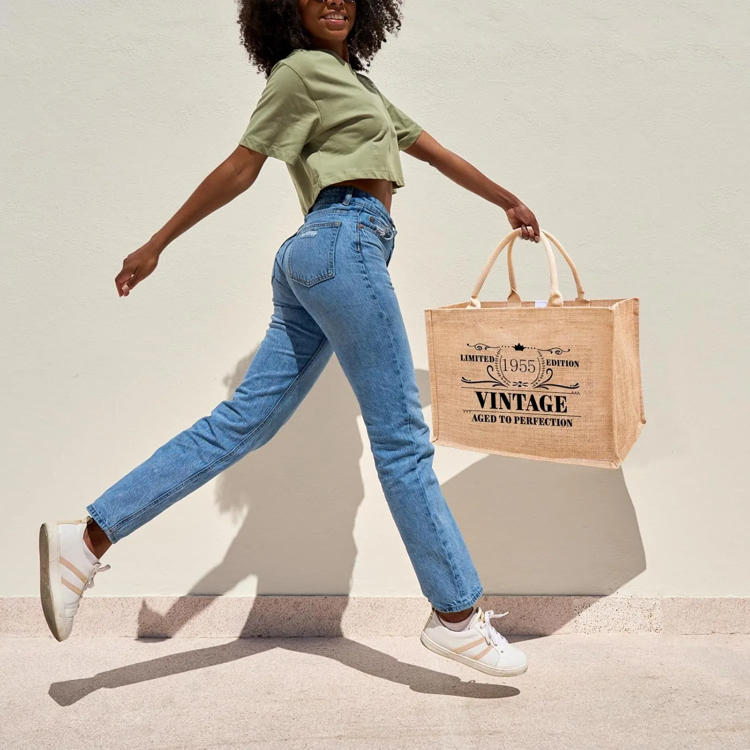 1946 1947 1948 1949 1950 1951 1952 1953 1954 1955 Burlap Jute Tote Bags for Women, 17" x 6.8" x 11.8"