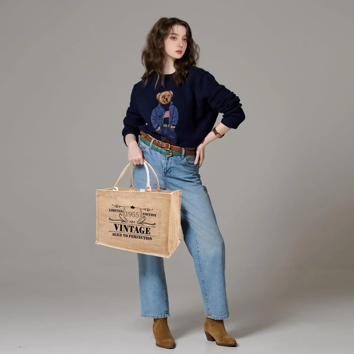 1946 1947 1948 1949 1950 1951 1952 1953 1954 1955 Burlap Jute Tote Bags for Women, 17" x 6.8" x 11.8"