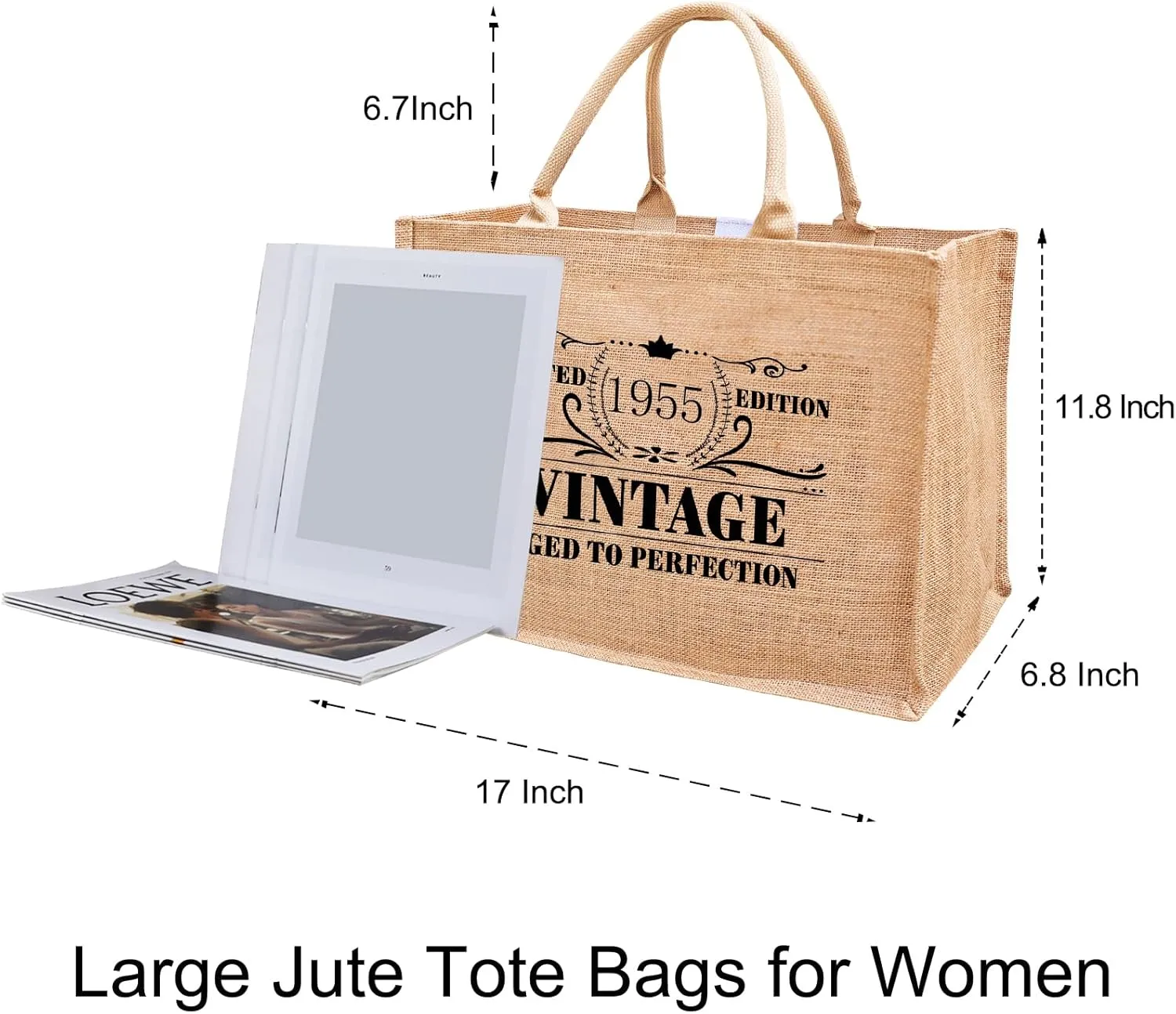1946 1947 1948 1949 1950 1951 1952 1953 1954 1955 Burlap Jute Tote Bags for Women, 17" x 6.8" x 11.8"