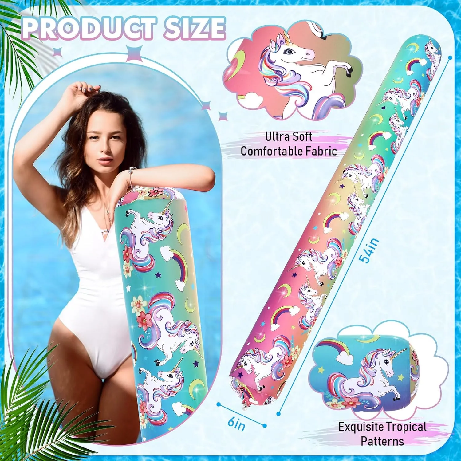 2 Pack Large Inflatable Pool Noodles 54'' Jumbo Swim Pool Noodles for Floating Soft Fabric Covered Floats Toys for Adults Summer Vacation Sea Lake Beach Party