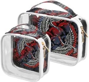 2 Pack Portable Travel Clear Cosmetic Toiletry Bags with Double Zippers for Men Women, Japanese-battle-cranes-print Waterproof Storage Carry Pouch with Handle, Tote Bags for Bathroom Traveling Vacati