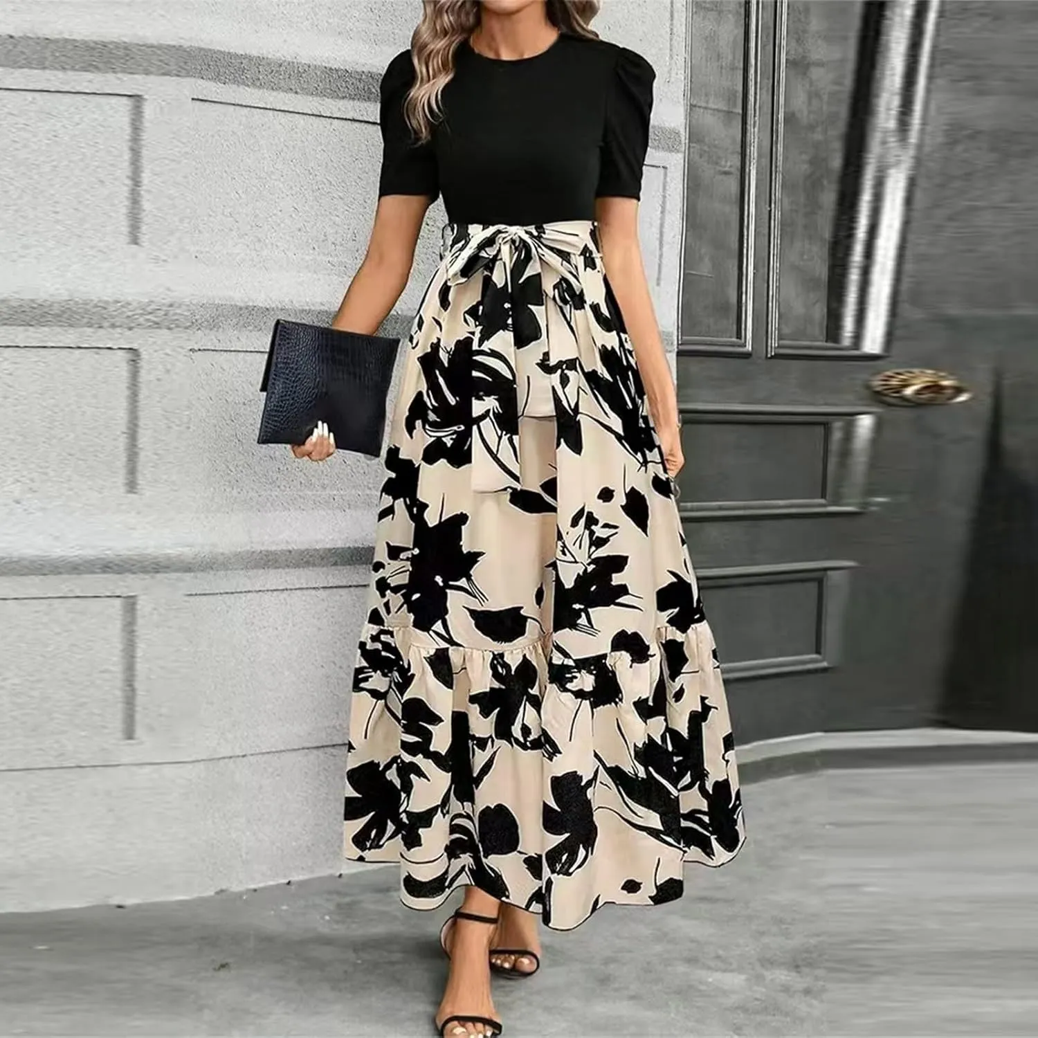 2025 Summer Fashion Elegant Temperament Curved Hem Women's Flower Round Neck Floral Printed High Waist Dresses