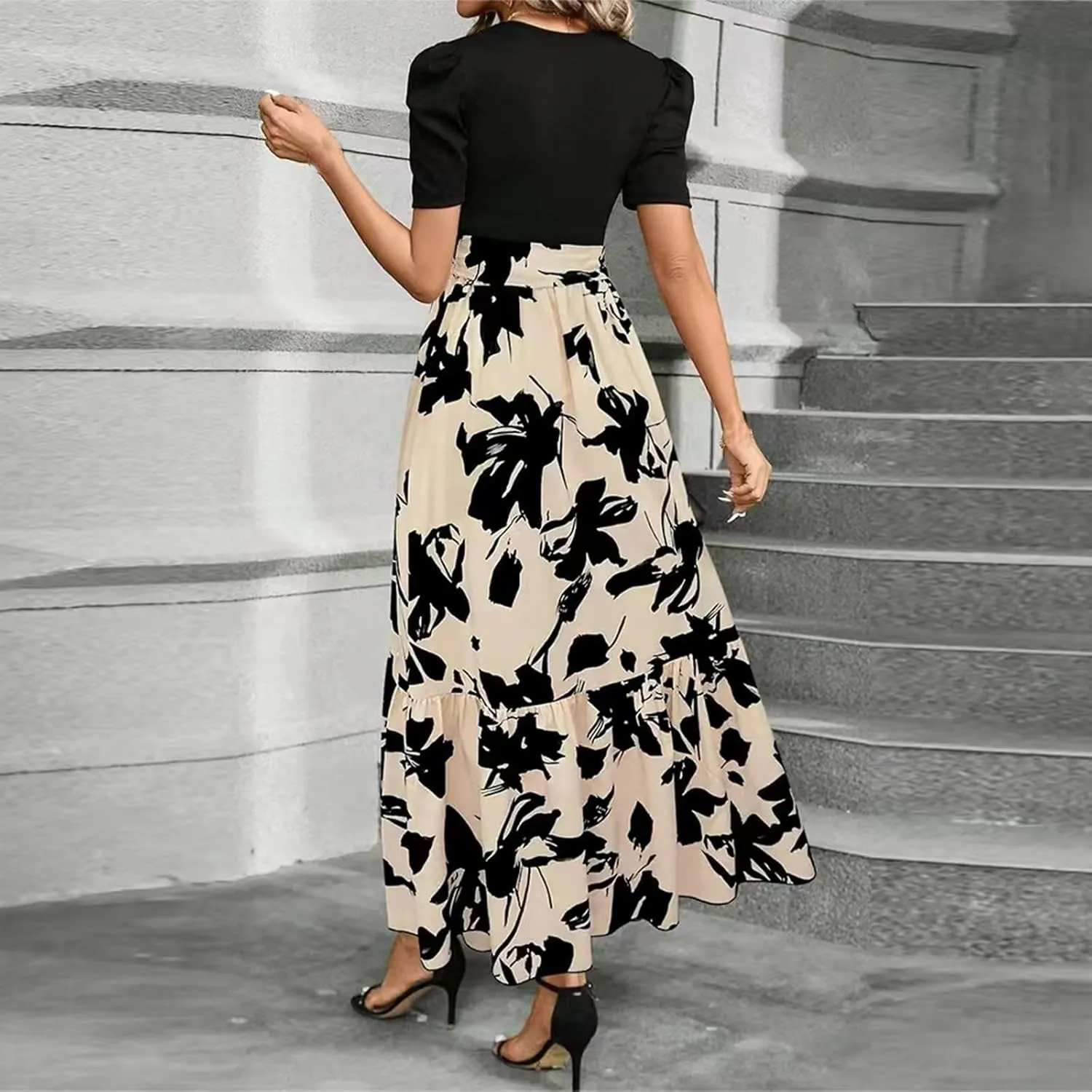 2025 Summer Fashion Elegant Temperament Curved Hem Women's Flower Round Neck Floral Printed High Waist Dresses