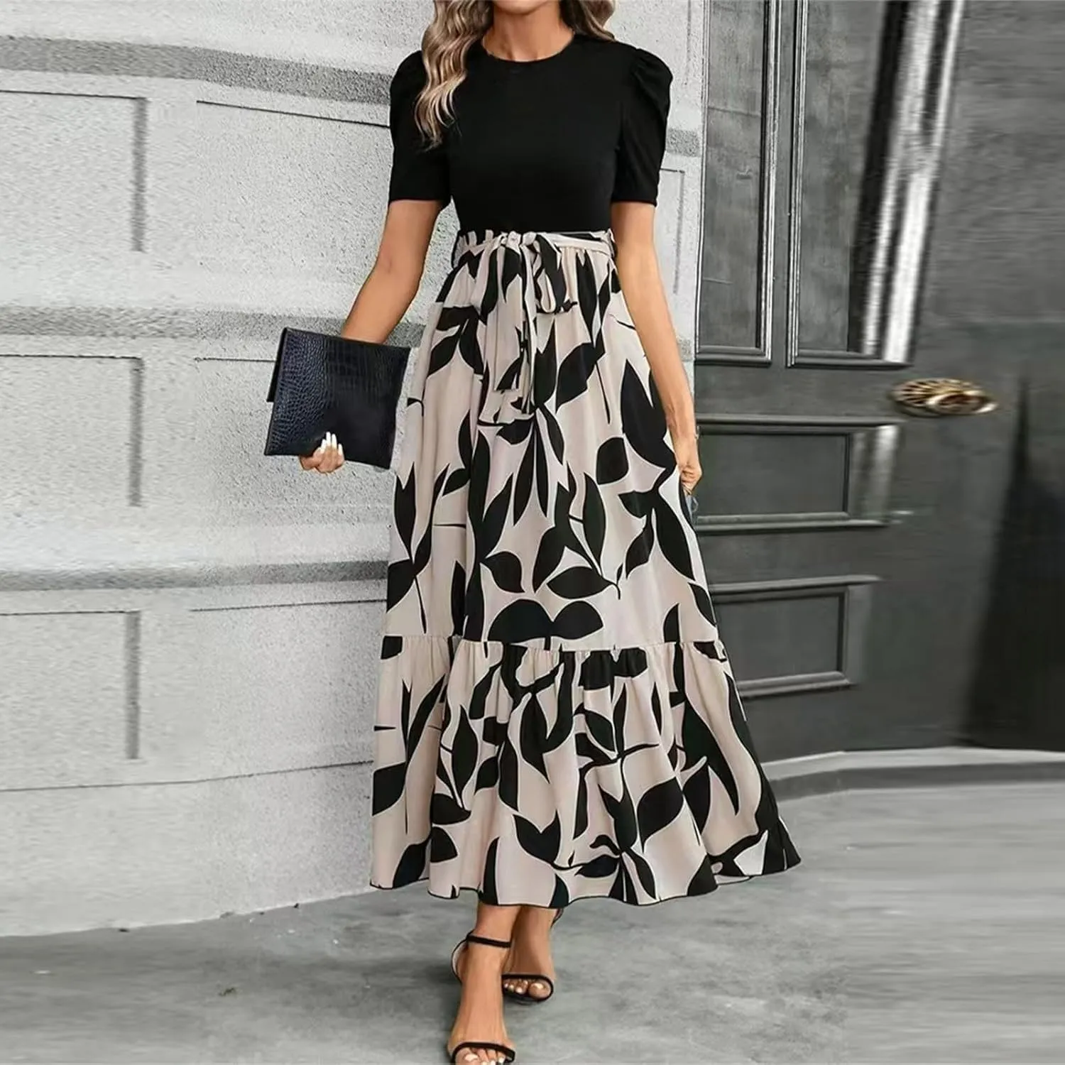 2025 Summer Fashion Elegant Temperament Curved Hem Women's Flower Round Neck Floral Printed High Waist Dresses