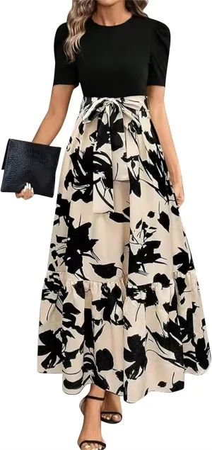 2025 Summer Fashion Elegant Temperament Curved Hem Women's Flower Round Neck Floral Printed High Waist Dresses