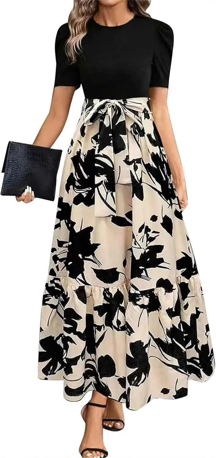 2025 Summer Fashion Elegant Temperament Curved Hem Women's Flower Round Neck Floral Printed High Waist Dresses