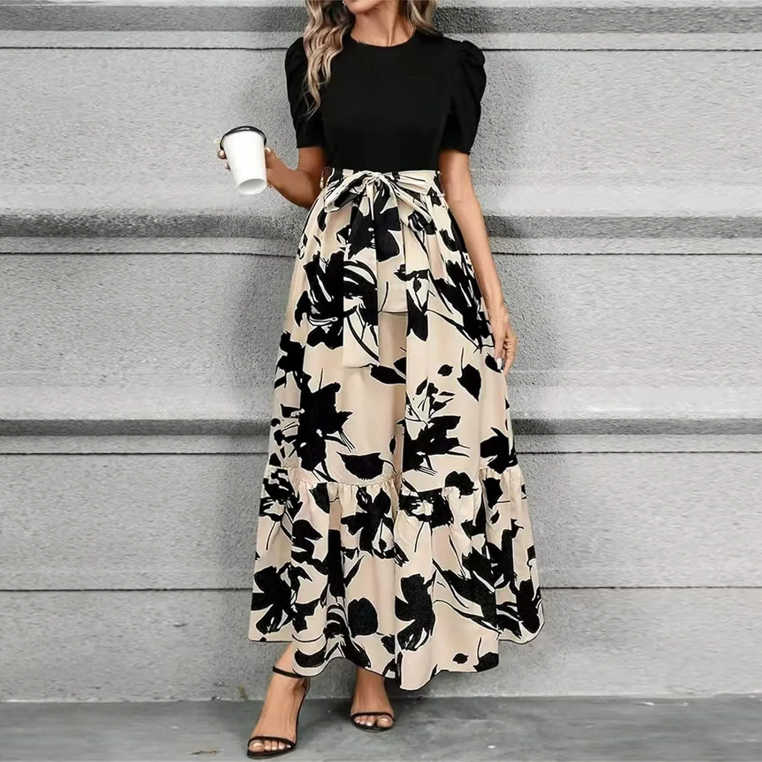 2025 Summer Fashion Elegant Temperament Curved Hem Women's Flower Round Neck Floral Printed High Waist Dresses