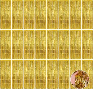24 Pack Gold Metallic Foil Fringe Curtains, 3.2ft x 8.2ft Foil Fringe Curtain Backdrop Foil Streamers Party Supplies Tinsel Curtain Backdrop for Parties/Birthday/Halloween/Photo Booth