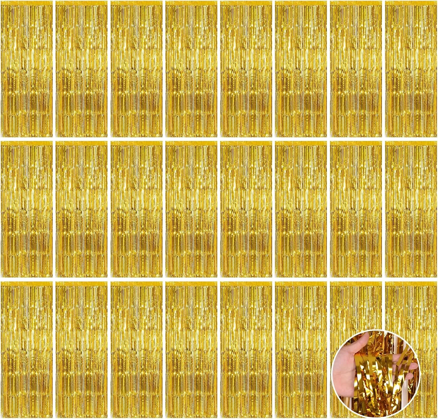 24 Pack Gold Metallic Foil Fringe Curtains, 3.2ft x 8.2ft Foil Fringe Curtain Backdrop Foil Streamers Party Supplies Tinsel Curtain Backdrop for Parties/Birthday/Halloween/Photo Booth