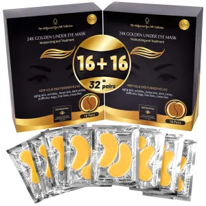 24K Gold Under Eye Patches, Under Eye Mask Dark Circles and Puffiness, Wrinkles Patches with Hydrogel, Collagen Eye Pad Improves Elasticity Self Care,16 Pairs (2 packs)