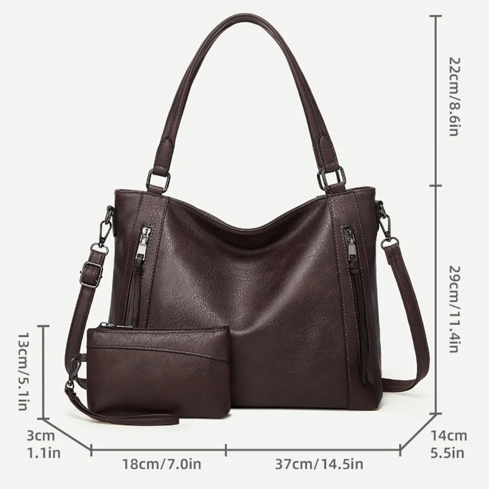 2pcs Women Hobo Handbag and Purse Satchel Set Faux Leather Zipper Shoulder Bag Clutch Wallet
