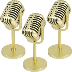 3 Pack Retro Microphone Props Model with Stand Plastic Fake Antique Microphone Stage Table Decor for Classic Party Decoration Costume Prop Pretend Play (Golden)
