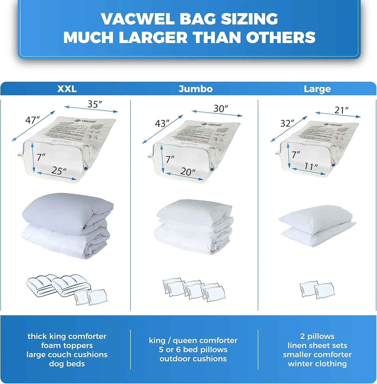 3-Pack XXL,Vacuum Storage Bags,Space Saver Bags for Clothes Storage – XL Comforters,Mattress Topper,3x XXL Bags (47x35in),Bonus 1x Large Bag (32x21in)