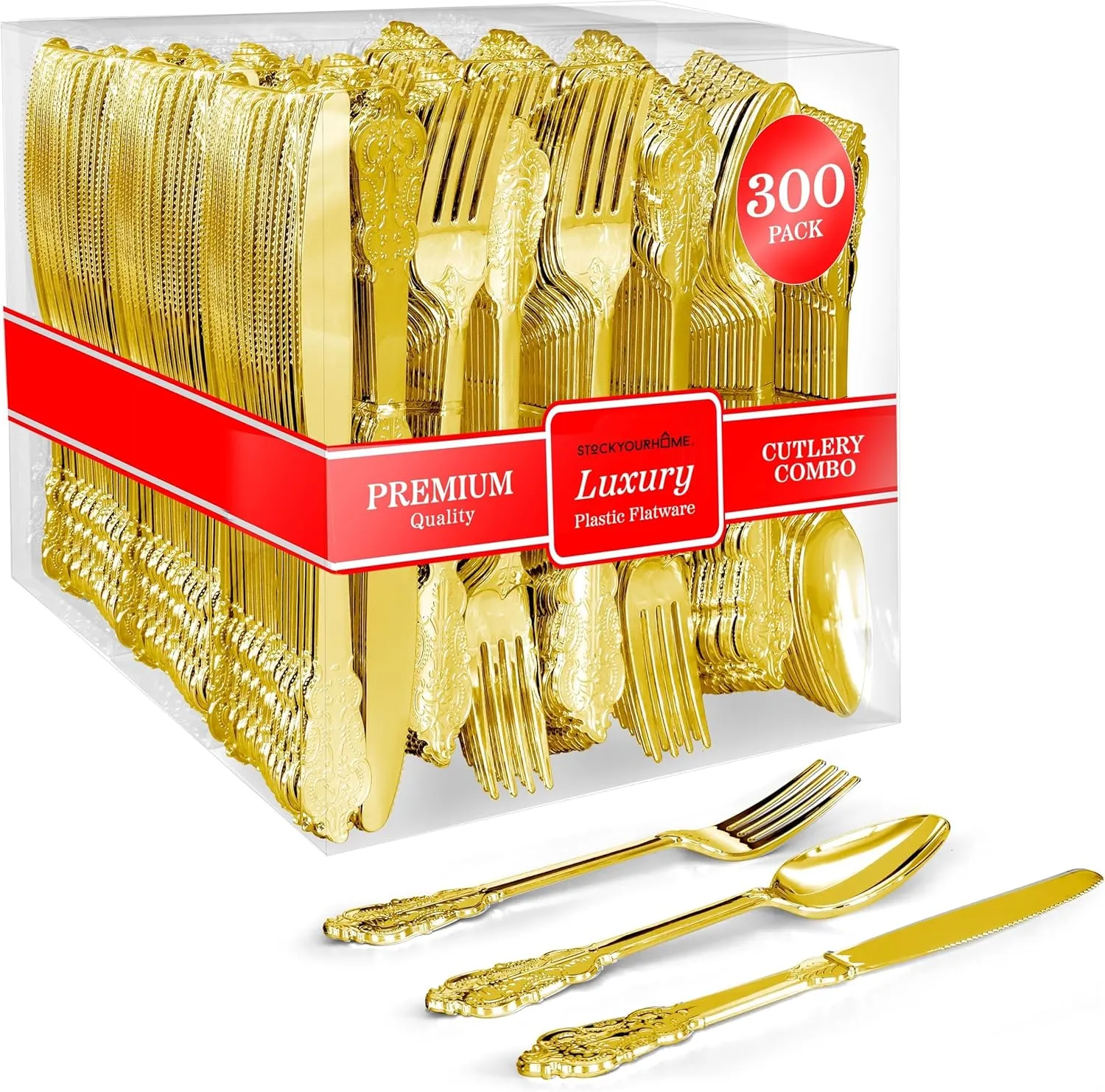 300 Pcs Gold Plastic Silverware Set - 100 Forks, Spoons, Knives, Heavy Duty Disposable Utensils, Heavyweight Cutlery, Elegant Flatware for Dinner Party, Wedding, Holiday Parties