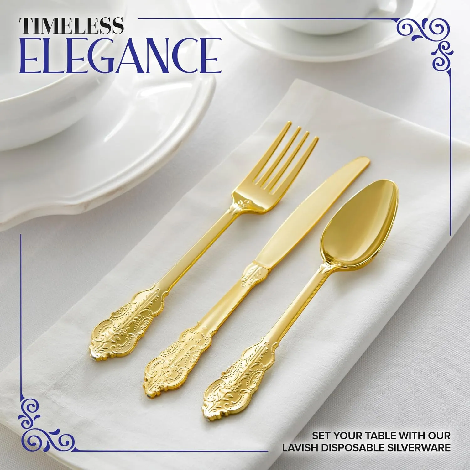 300 Pcs Gold Plastic Silverware Set - 100 Forks, Spoons, Knives, Heavy Duty Disposable Utensils, Heavyweight Cutlery, Elegant Flatware for Dinner Party, Wedding, Holiday Parties