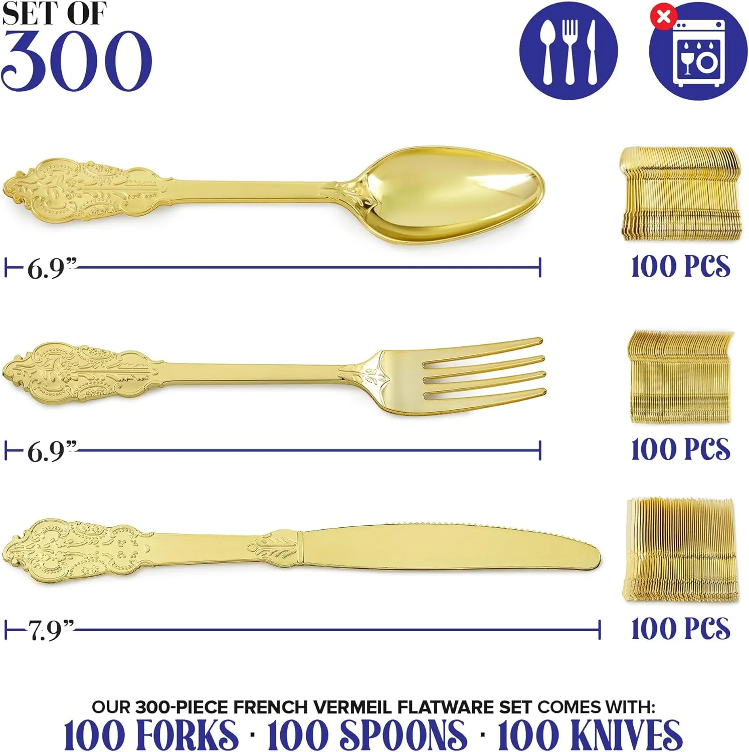 300 Pcs Gold Plastic Silverware Set - 100 Forks, Spoons, Knives, Heavy Duty Disposable Utensils, Heavyweight Cutlery, Elegant Flatware for Dinner Party, Wedding, Holiday Parties