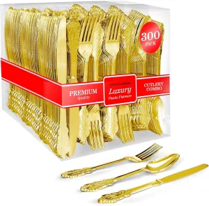 300 Pcs Gold Plastic Silverware Set - 100 Forks, Spoons, Knives, Heavy Duty Disposable Utensils, Heavyweight Cutlery, Elegant Flatware for Dinner Party, Wedding, Holiday Parties