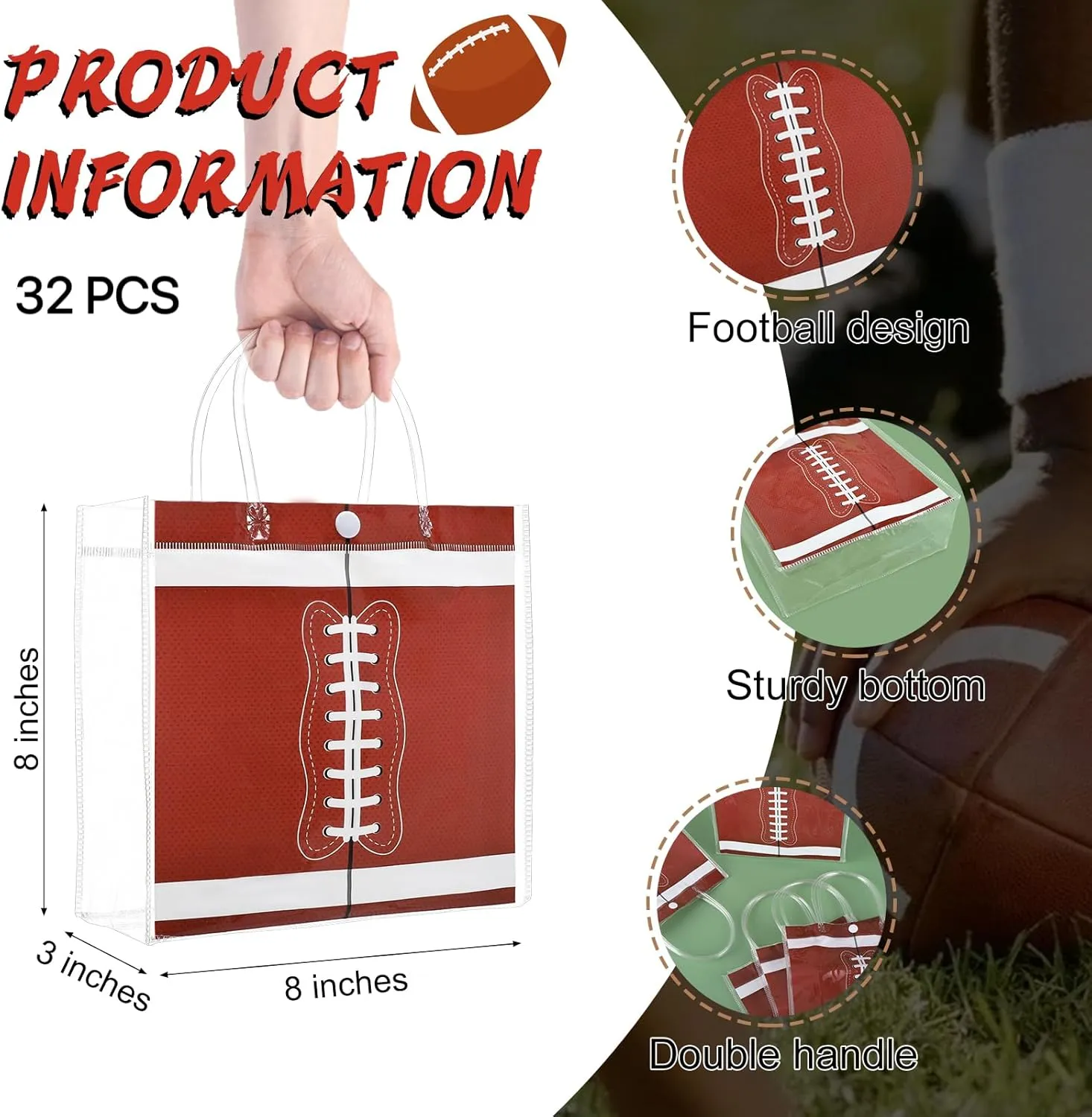 32 Pieces Football Clear Gift Bags Football Transparent Treat Goodie Bags Sport Clear PVC Snack Bags with Handles for Sports Team Birthday Holiday Party Decorations Supplies ( Football)