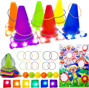 33PCS 5 in 1 Carnival Games for Kids Ages 4-8 8-12, LED Bean Bag Play Sets Sports and Outdoors Toys, LED Cones Family Games, Ring Toss Outside Toys for Toddlers 1-3