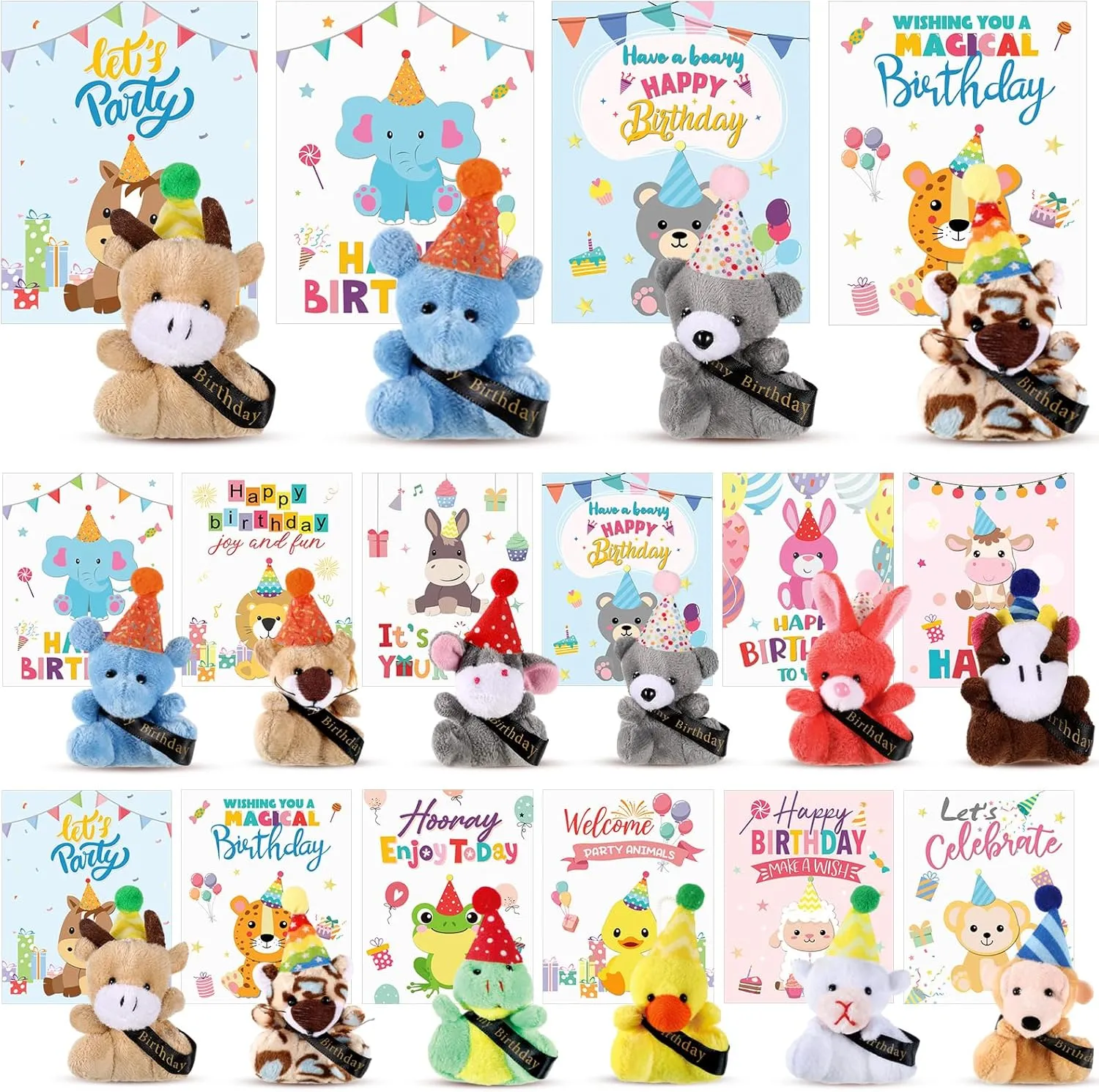 36 Set Birthday Mini Plush Toy Including 36 Pcs Small Stuffed Animals with Hat Ribbon and 36 Pcs Cards Birthday Plush Keychain for Decoration Gifts Reward Stuffers Party Favors(Birthday)
