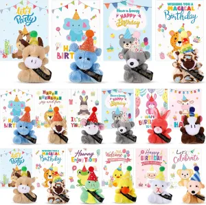 36 Set Birthday Mini Plush Toy Including 36 Pcs Small Stuffed Animals with Hat Ribbon and 36 Pcs Cards Birthday Plush Keychain for Decoration Gifts Reward Stuffers Party Favors(Birthday)