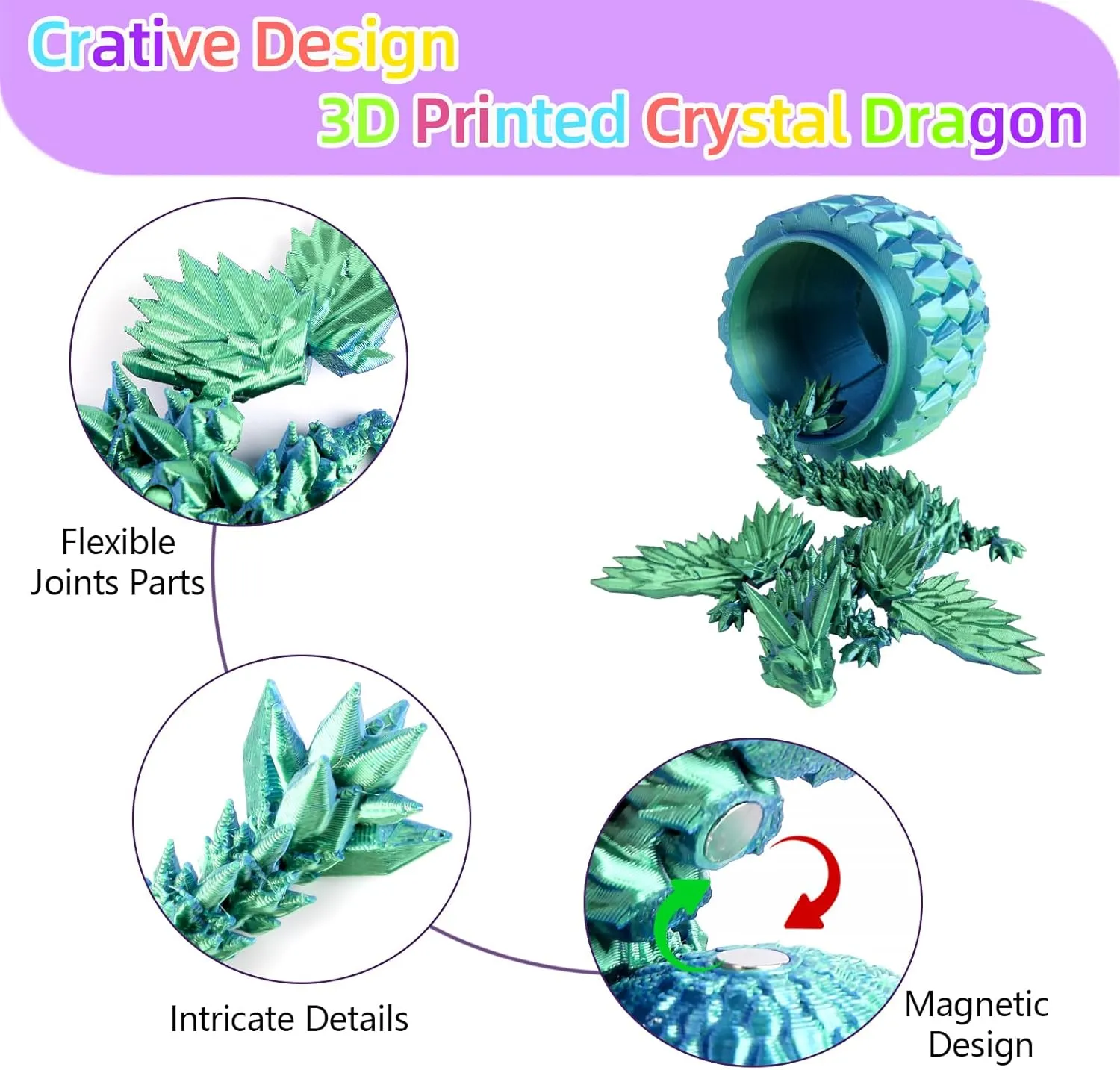 3D Printed Dragon Egg - Crystal Flyimg Dragon for Desk Decoration - Stocking Stuffer, Easter Eges, Surprise Eggs, Collectible Gift for Kids (Laser Blue, Dragon Egg with Flying Dragon)