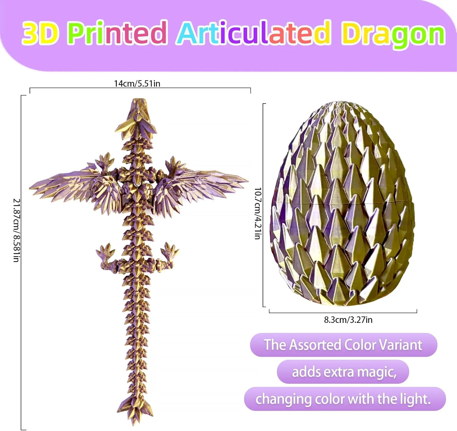 3D Printed Dragon Egg - Crystal Flying Dragon for Desk Decoration - Stocking Stuffer, Easter Eges, Surprise Egg, Collectible Gift for Kids (Laser Purple)