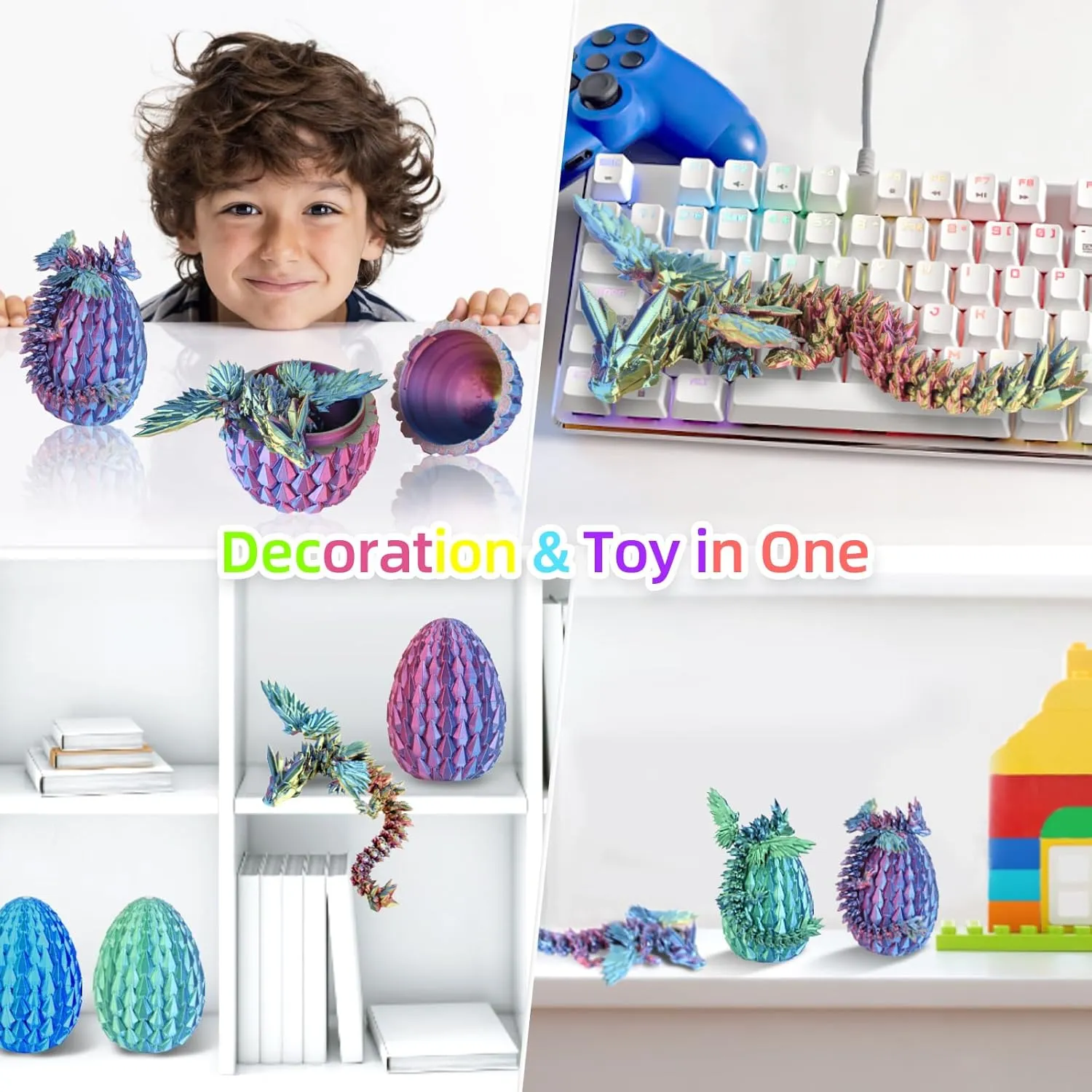 3D Printed Dragon Egg - Crystal Flying Dragon for Desk Decoration - Stocking Stuffer, Easter Eges, Surprise Egg, Collectible Gift for Kids (Laser Purple)