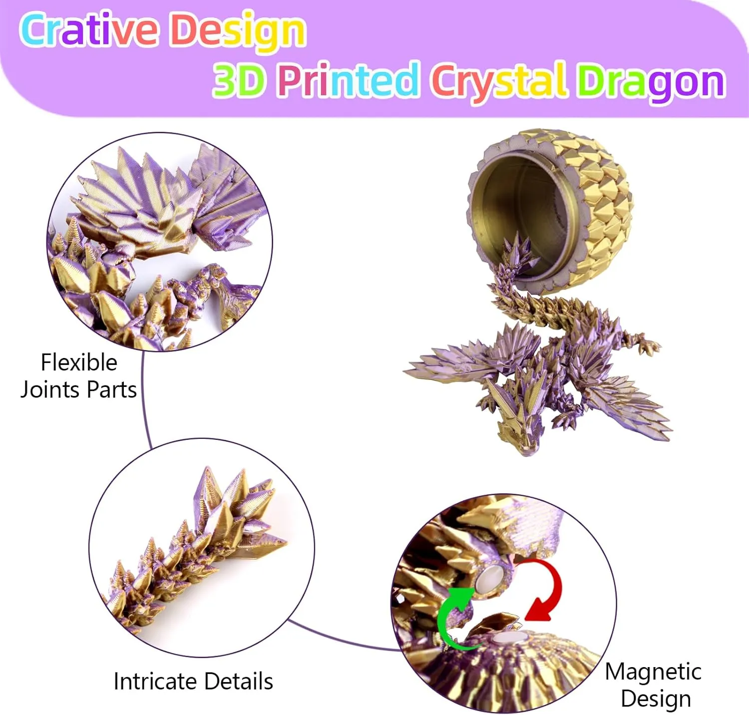 3D Printed Dragon Egg - Crystal Flying Dragon for Desk Decoration - Stocking Stuffer, Easter Eges, Surprise Egg, Collectible Gift for Kids (Laser Purple)