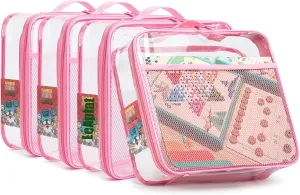 4 Pack Clear PVC Waterproof Toy Storage Bags with Name Tag Pockets - Zippered Organizer for 2x4 Building Blocks, Puzzles, Travel Toiletries, Kids Room Organization, With Name Tag Pocket (Pink, Large)