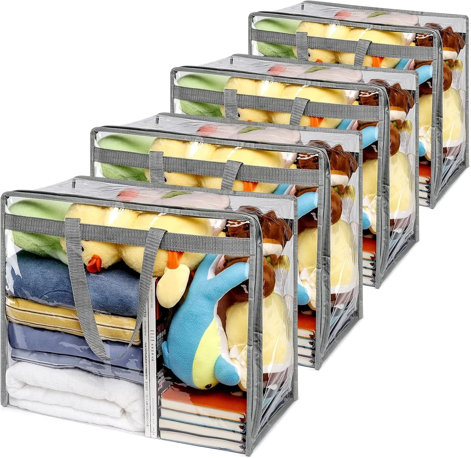 4 Pack Clear Zippered Storage Bags for clothes - 40L Waterproof PVC Bags for Comforter, Blanket, Bedding, Linen, Duvet, Stuffed Animals, Extra Large Toy Storage Bag, Closet Organizer Bag (Grey)