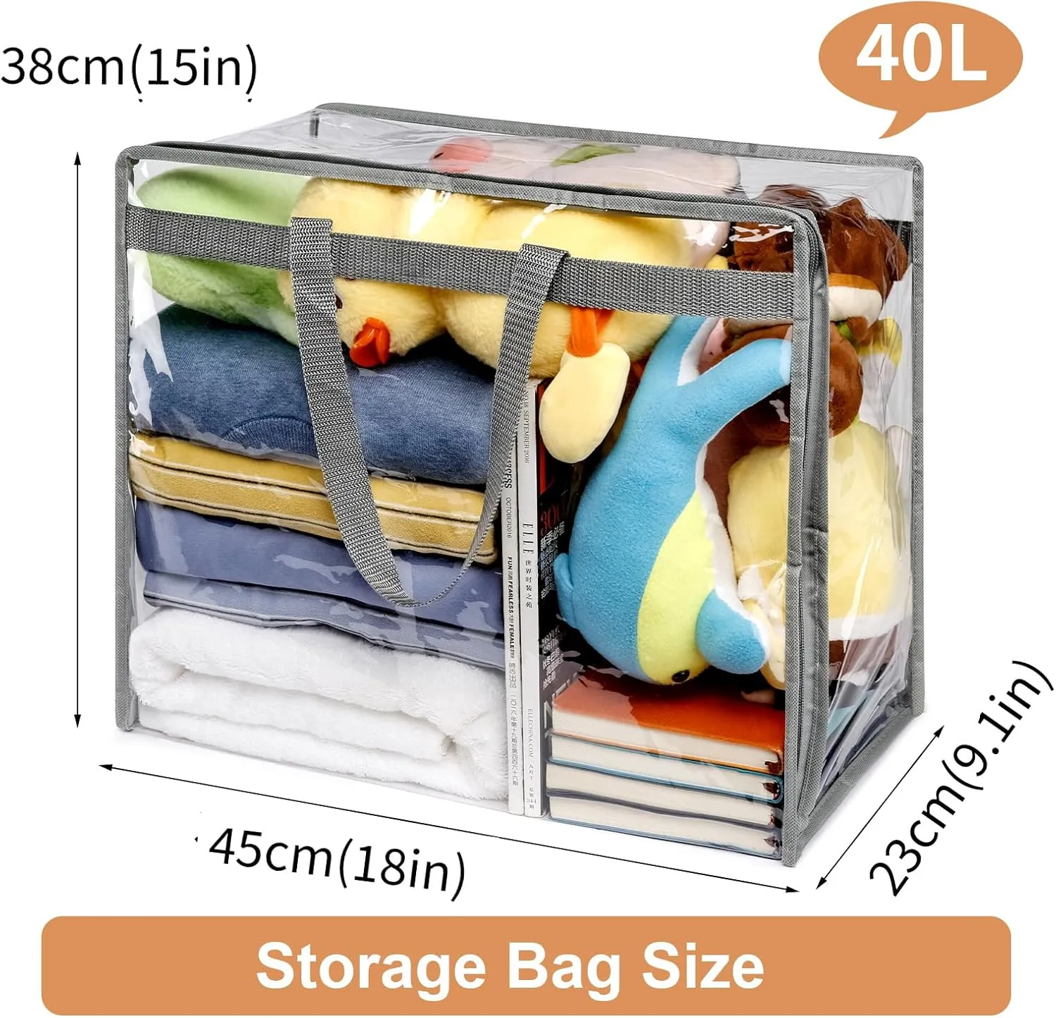 4 Pack Clear Zippered Storage Bags for clothes - 40L Waterproof PVC Bags for Comforter, Blanket, Bedding, Linen, Duvet, Stuffed Animals, Extra Large Toy Storage Bag, Closet Organizer Bag (Grey)