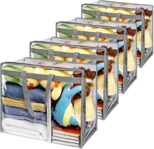 4 Pack Clear Zippered Storage Bags for clothes - 40L Waterproof PVC Bags for Comforter, Blanket, Bedding, Linen, Duvet, Stuffed Animals, Extra Large Toy Storage Bag, Closet Organizer Bag (Grey)
