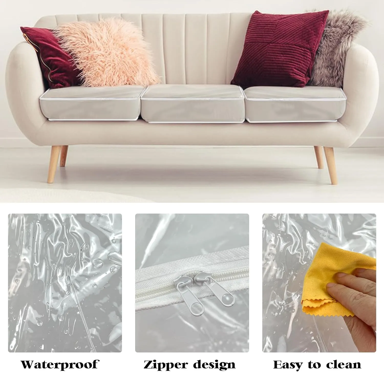 4 Pcs Plastic Sofa Cushion Covers - Clear PVC Waterproof Sofa Couch Covers - Slipcover for Against Cat Dog Clawing Scratching, 28x28x9 Inch, White Edge