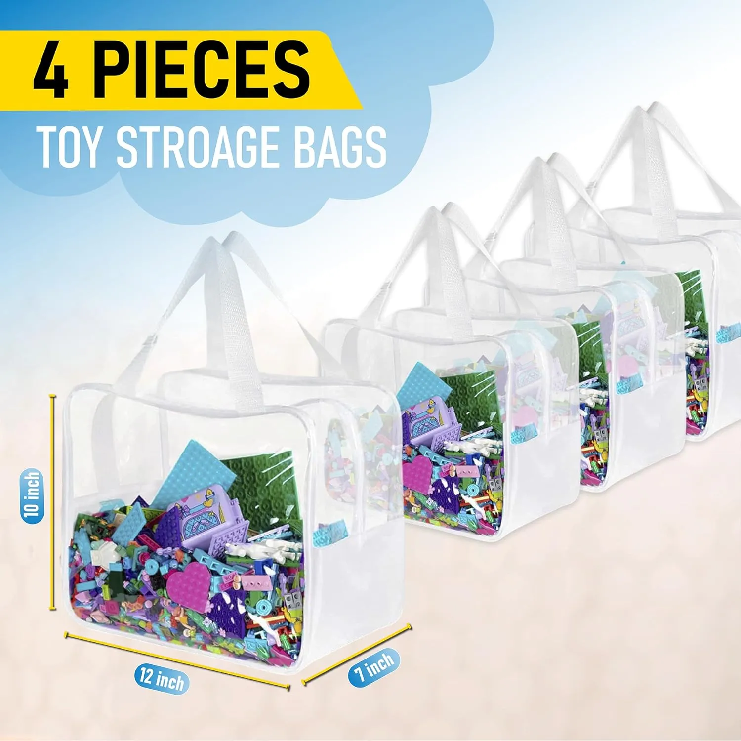 4 Piece Large Toy Storage Clear Bags with Heavy Duty Zipper 12"x10"x7" Plastic Bag Bins with Handle, Toy Organizer for Kids Playroom, Puzzle, Blocks, Crafts, Stuffed Animal Storage (White)