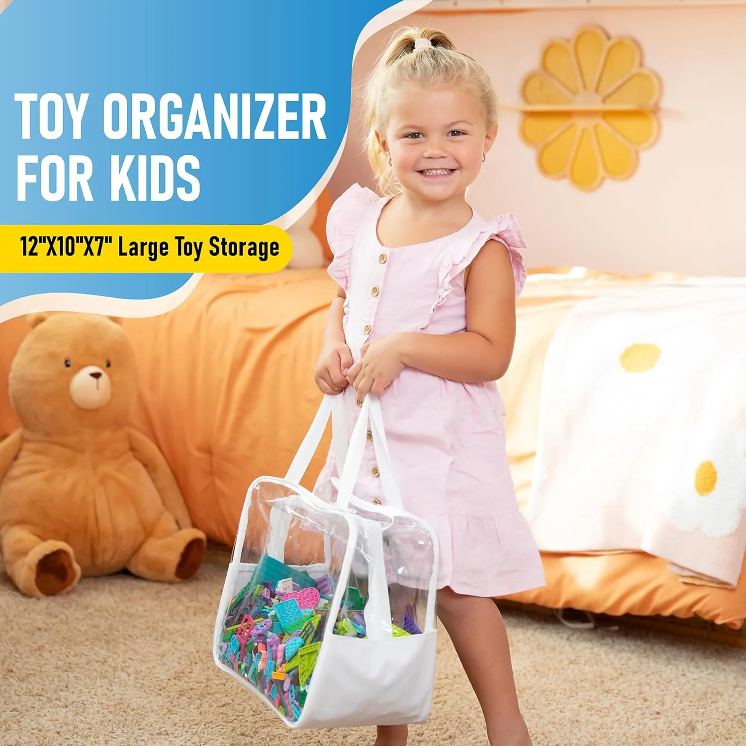 4 Piece Large Toy Storage Clear Bags with Heavy Duty Zipper 12"x10"x7" Plastic Bag Bins with Handle, Toy Organizer for Kids Playroom, Puzzle, Blocks, Crafts, Stuffed Animal Storage (White)